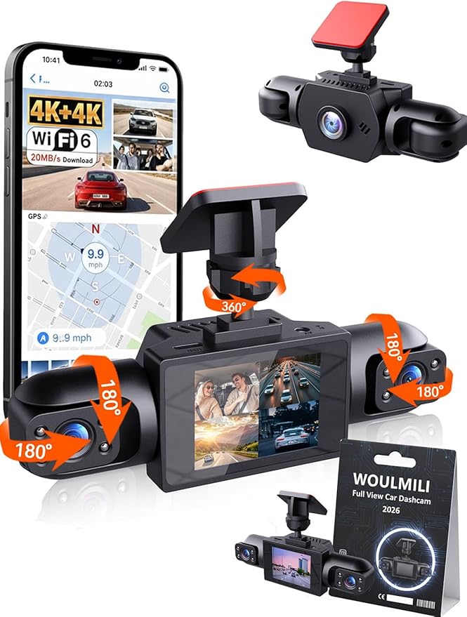 Full View Car Dashcam Wireless System 360 Car DVR WiFi 4 Channel Dash Cam Video Recorder Camera for Cars, Front and Rear Inside with Infrared Lamps Night Vision (32G)
