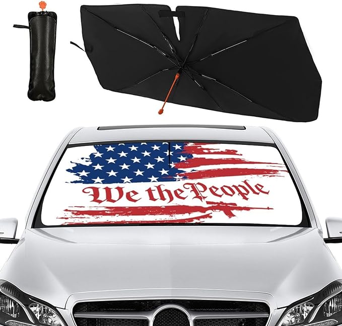 Socira Vintage USA American Flag Car Windshield Sunshade Umbrella Foldable Visor Umbrella Sun Shade Cover Sunshade Front Window Cover Car Accessories Blocks Uv Rays (57" X 30")