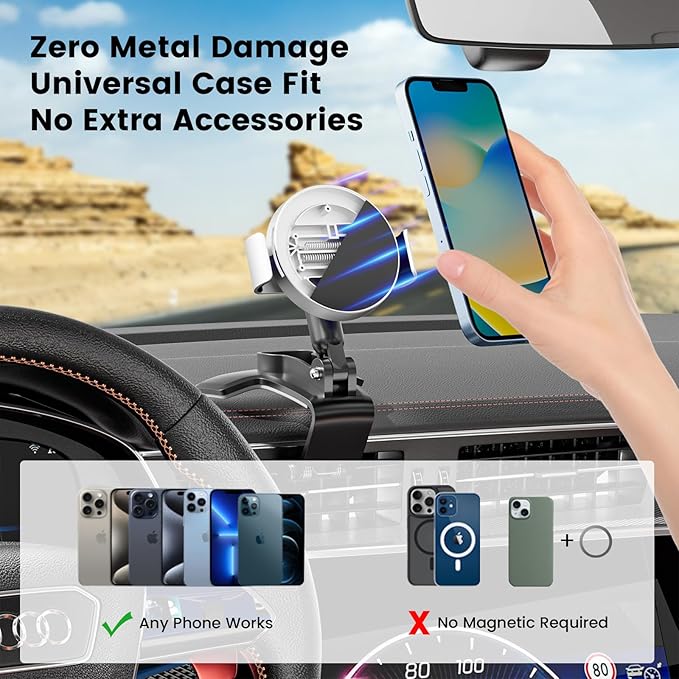 Phone Clamp for Magnetic Car Phone Holder, Aviation Aluminum Silver - No Magnetic Case & Rings Needed, Enhanced Suction & Magnetic, Compatible with All Magnetic Mount