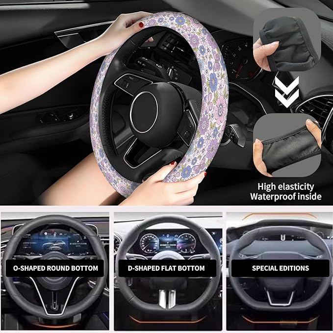 Elastic Car Steering Wheel Cover, Universal 15 inch Non-Slip Breathable Neoprene Steering Wheel Protector, Car Accessories for Women Men Fit Auto, Suvs, Truck Purple Flowers