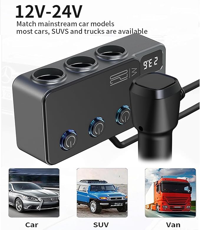 Cigarette Lighter Splitter, 8 in 1 Car Cigarette Lighter Adapter PD 35W Car Charger 3-Socket Heavy Duty Truck Multi Port USB C 12V/24V Independent Switches LED Display Super Fast Charger Car Devices