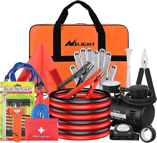 Nilight Car Emergency Kit with Jumper Cable Air Compressor Tire Repair Essential Tools First Aid Alligator Connector Electrical Kit for Travel Camping Outdoor Cars Truck SUV RV