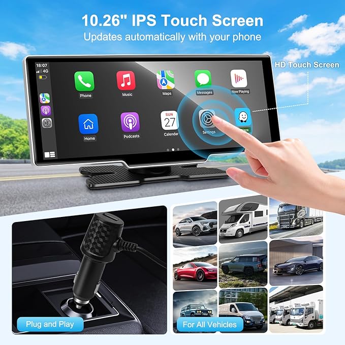 10.26" Wireless Carplay Screen for Car with 4K Dash Cam | Portable Car Play & Android Auto Touch Screen, 1080p Backup Camera, Mirror Link, Voice Control, GPS Navigation | for All Cars