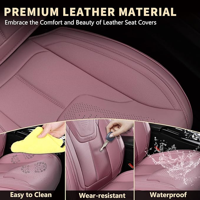 FLORICH Front Car Seat Covers, Luxury Waterproof Faux Leather Seat Covers Cushion, Breathable Car Seat Cover Protectors Universal Fit for Most 5 Seats Vehicles - Pink