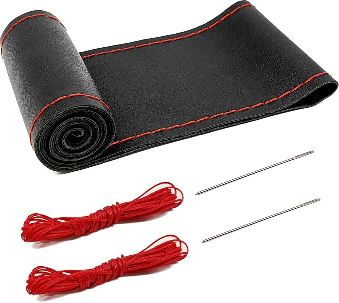 Direct Genuine PU Leather Steering Wheel Cover, 15 Inch Non-Slip Breathable/Soft and Comfortable Feeling, Genuine PU Leather Stitch On Wrap for Car Truck SUV - DIY Sewing with Needle Thread (red)