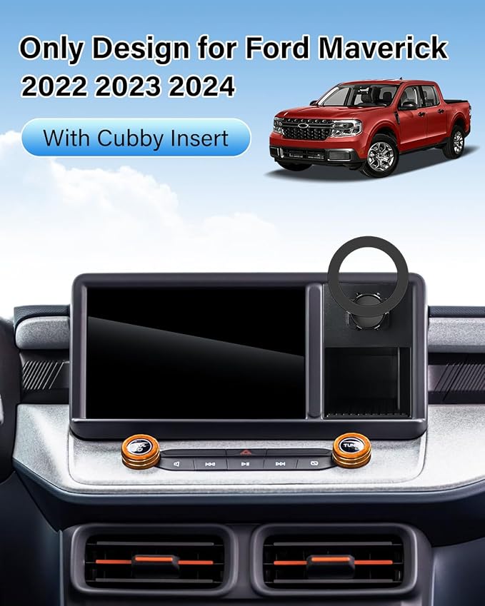 PZK Car Phone Holder for Ford Maverick 2022 2023 2024 Accessories Compatible with Magsafe Car Phone Mount with Cubby Insert Stroage Box Trunk Dash Mount Hands Free 360° Rotation