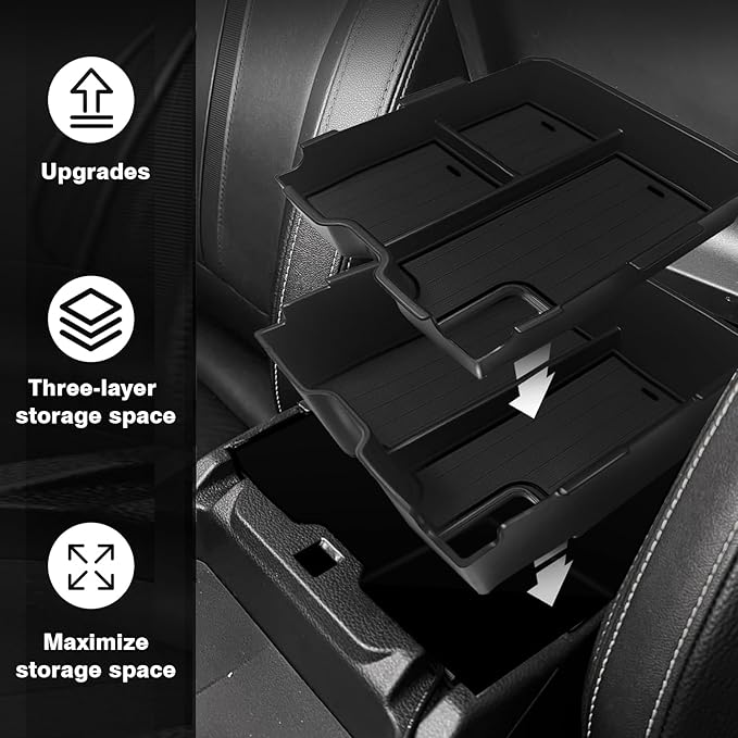 Muslogy Center Console Organizer Compatible with Ford Ranger 2024 2025 2026 & Raptor Accessories Two-Layer Storage Box Insert Tray Secondary Storage Divider Armrest Tray ABS Material Glove Box (Black)