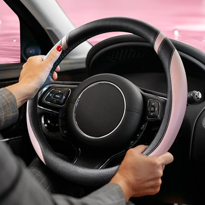 ZHOL Steering Wheel Cover for Women, Breathable Microfiber Leather Car Steering Wheel Protector, Non-Slip Universal Fit for Most Cars(Pink)