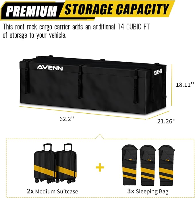 AVENN ARKSEN Roof Top Luggage Storage Bag for 23'' x 64'' Skinny Baskets 14 Cubic Feet (62.2''L x 21.26''W x 18.11''H) with 10 Straps Anti-Slip Mat 8 Door Hooks All Vehicles with/Without Rack, Black