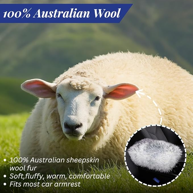 Andalus Brands Pure Australian Sheepskin Fluffy Car Center Console Cover, Luxurious Non-Shedding Furry Arm Rest Cover for Car, Versatile for All Seasons, White & Black Tip - (11.47" X 6.3")