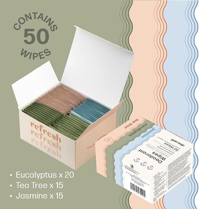 Dew Well Refreshing Deodorant Wipes, Refresh Body Deodorant Wipes, A Fresh Start When You’re On the Go, Aluminum, Paraben, and Sulfate Free, Variety Pack (Tea Tree, Eucalyptus, Jasmine)
