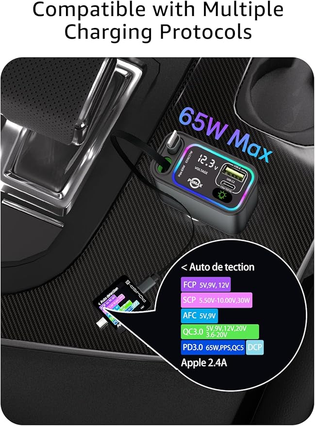Retractable Car Charger USB C,107W Type C Car Charger Fast Charging with Dual Retractable Cable and USB Ports for iPhone 17/16/15,S25/24/23/22, Pixel 9/8/7(Build-in USB-C & Lightning Cable)