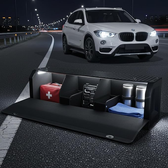 SUV Trunk Organizers and Storage with Lights, Car Storage Organizer with Lid & Sturdy Handle, Car Storage Bins for Groceries Powered by 4 AA Batteries (Batteries Not Included) (39.76inch)