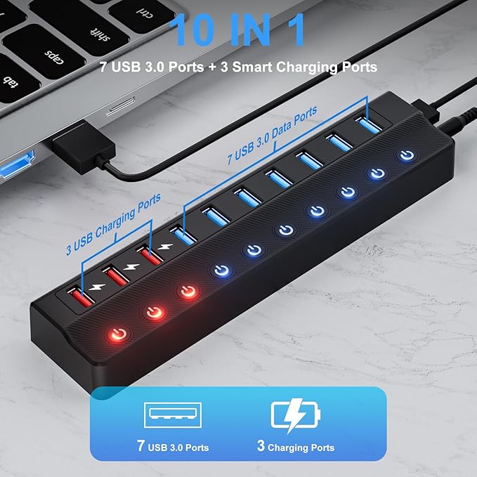 ONFINIO Powered USB Hub, 10-Port USB Splitter Hub (7 Faster Data Transfer Ports+ 3 Smart Charging Port) with Individual LED On/Off Switches and 12V/3A Power Adapter USB Extension for Mac, PC and More