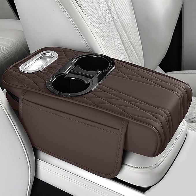 wuyaoyao Car Center Console Armrest Pillow, 13.78"×7.48"×2.56" Leather Arm Rest Cover for Cars, Memory Foam Auto Armrest Cushion Pad with Pocket, Cup Holder & Tissue Box, Car Accessories (Coffee)