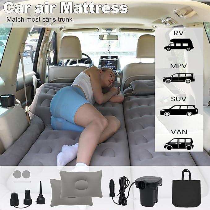 SUV Air Mattress Car Bed Inflatable Mattress for Truck Backseat - Foldable Car Mattress with Flocking Surface and Electric Pump Portable Air Bed Sleeping Pad for Home Car Tent Camping Travel