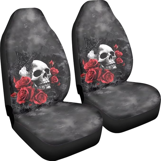 Cool Skull Rose Car Seat Covers for Front Seats Ethnic Style Bucket Seat Covers Universal Fit for SUV Truck Sedan Front Seat Protector,2 Piece Set