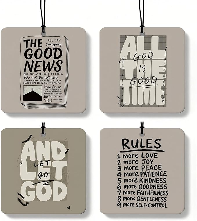 Neutral Christian Square Citrus Car Air Freshener 4 Pcs, Beige Religious Bible Verse Hanging Air Freshener for Cars Bathroom Dorm Books Decor, Christian Accessories Gifts for Women Men
