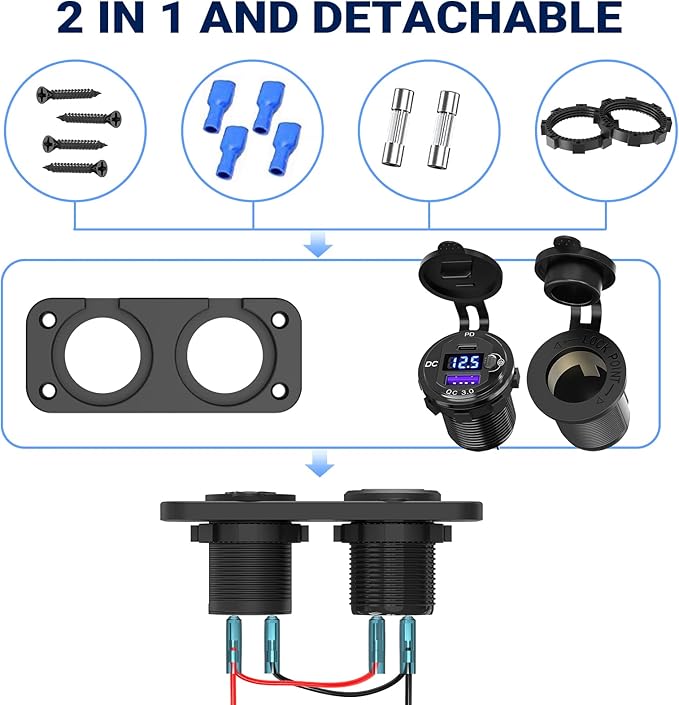 Cigarette Lighter Socket 12 Volt USB Outlet: PD 20W C and QC3.0 Car Port Aluminum Metal 12V Plug, 150W Charger Panel with Power Switch LED Voltmeter for Marine Boat RV Golf Cart