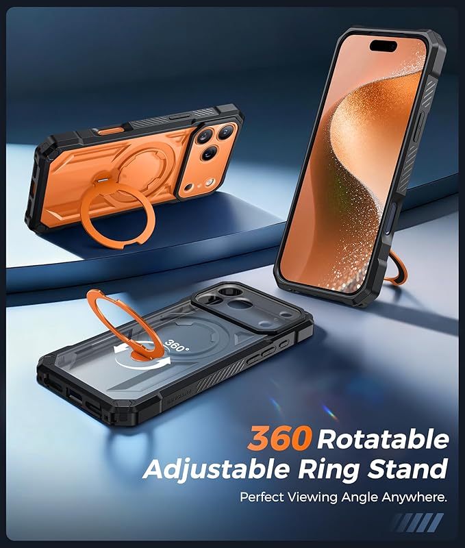 FNTCASE for iPhone 17 Pro Case: [360 Spin Magnetic Ring Kickstand] [Compatible for MagSafe] [Screen Protector] Heavy Duty Military Grade Protection Protective Phone Case with Stand Translucent Orange