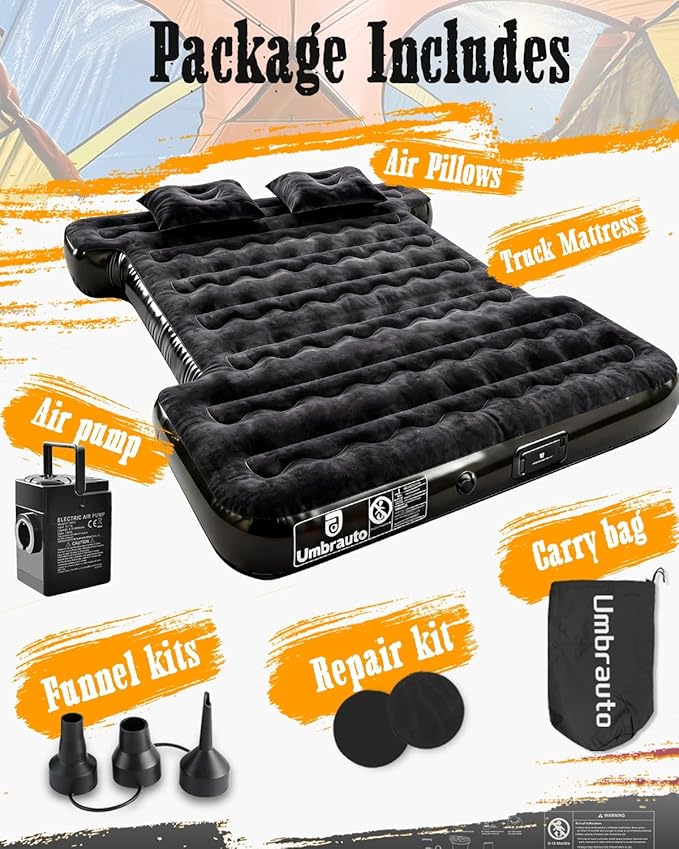 Umbrauto Built-in Pump Air Mattress for 5.5-5.8ft Full Size Short Truck Bed, Inflatable Camping Airbed with Rechargeable Cordless Pump for Truck Tent Camper