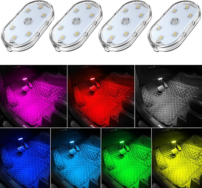 4 PCS Car Led Lights Interior,7 Colors Ambient Lighting Car Interior,USB Rechargeable Car Interior Reading Light,Portable Led Lights for Car