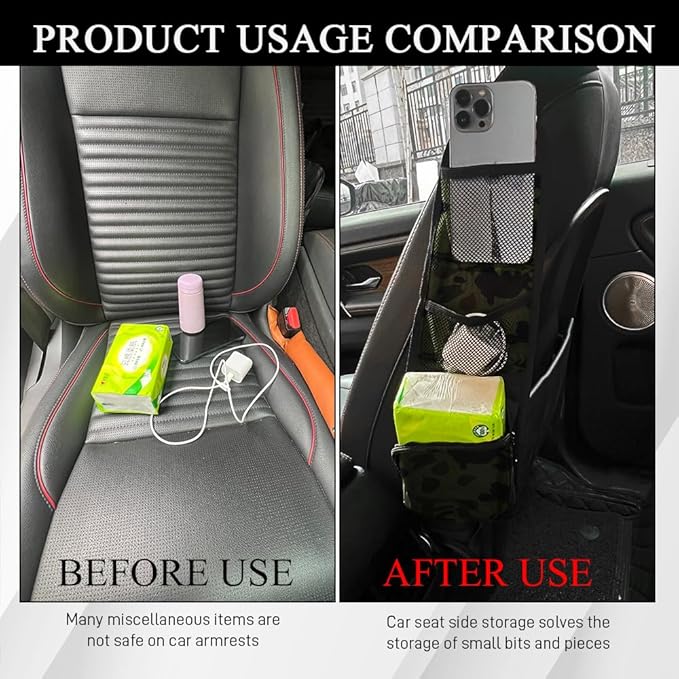 2PCS Car Seat Side Organizer, Seat Side Storage Pocket, Multifunctional Mesh Net Pocket, Car Multi-Pockets Backseat Organizer Side Hanging Bag for Storage Coins, Cell Phones (Green, 2PCS)