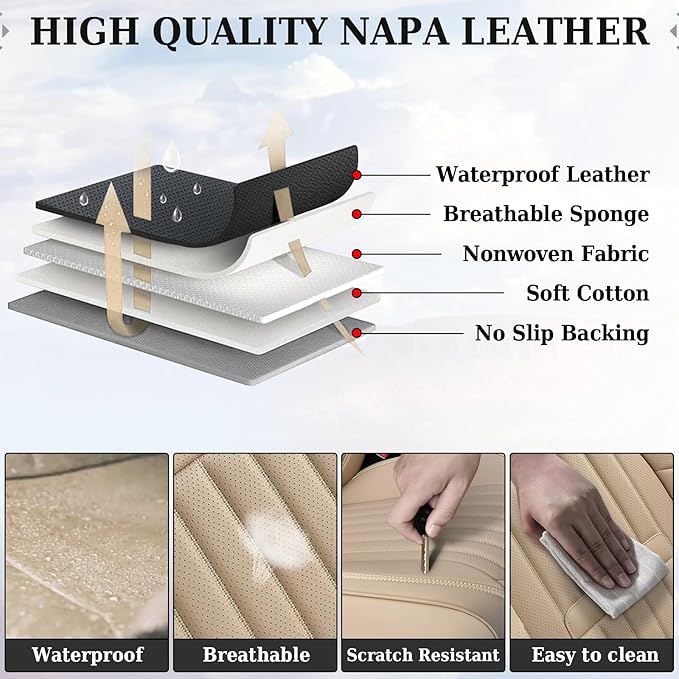 Coverado Front and Back Seat Covers for Cars, Automotive Seat Covers for Trucks, Nappa Leather Car Seat Covers, 5 Seats Waterproof Carseat Protector Car Seat Cover Beige, Universal Fit for Most Cars