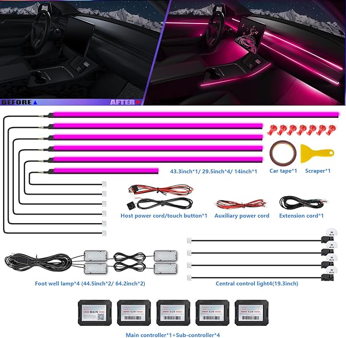Acrylic Interior Car LED Strip Light with Wireless APP, RGB 14 in 1 with 175 inches 600 LEDs Fiber Optic Strip Lights for Car, Dynamic Chasing Sound Active Neon Car Ambient Lighting Kits