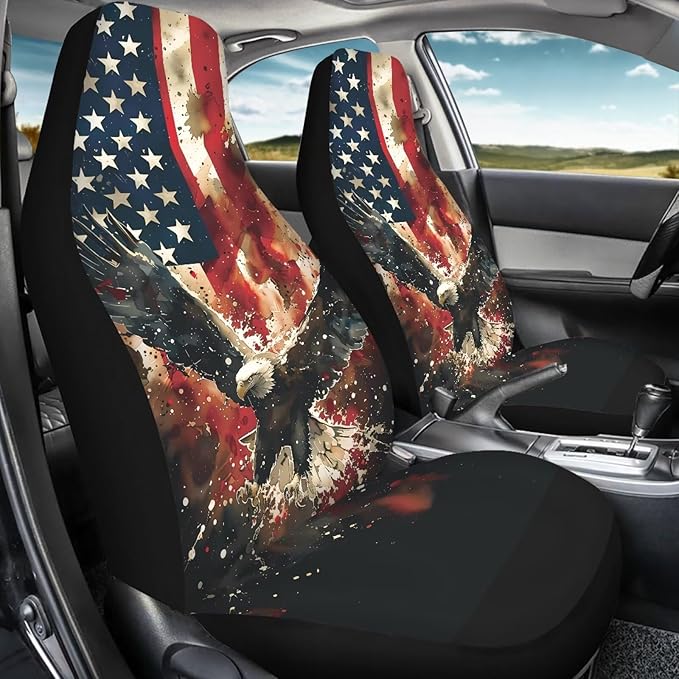 ELEQIN Car Front Seat Covers, Eagle US Flag Print 2 Pack Polyester Automotive Seat ProtectorsSoft & Breathable, Vehicle Interior Accessories for Most Cars