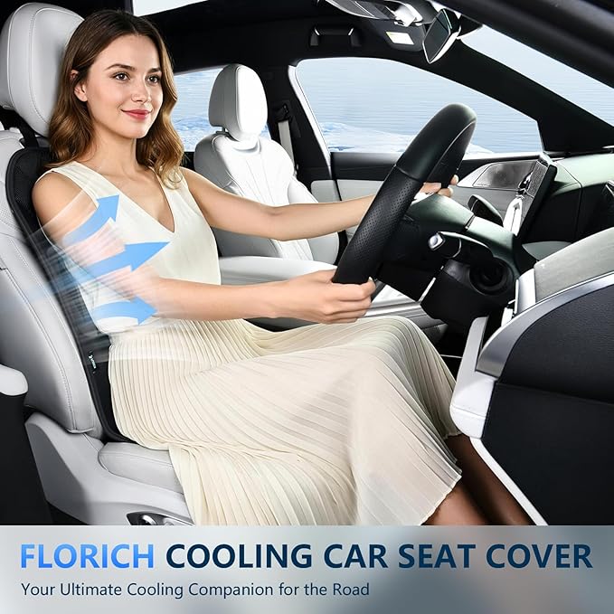 FLORICH Cooling Car Seat Cover 12V-24V Ventilated Cooling Car Seat Cushion with 3-Speed Adjustable Breathable Mesh & Leather Cooling Seat Pad Universal Fit Car SUV Truck Van for Summer Driving, Black