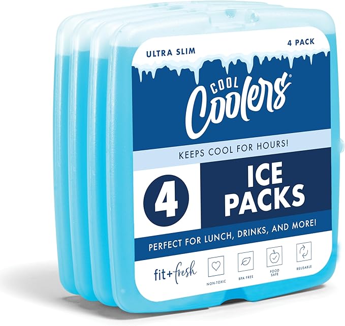 Cool Coolers By Fit & Fresh 4 Pack Slim Ice Packs, Quick Freeze Space Saving Reusable Ice Packs for Lunch Boxes or Coolers, Blue