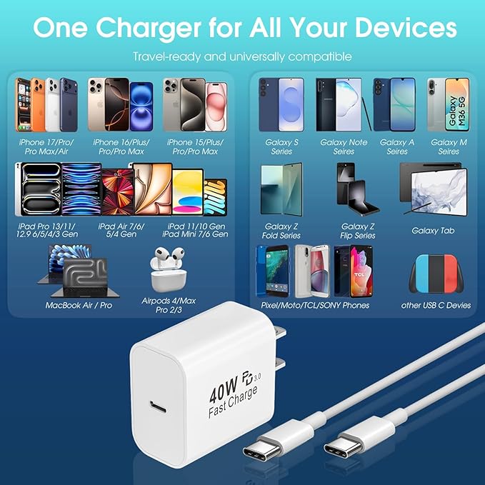 iPhone 17 16 15 Charger Fast Charging Type C Chargers 40W USB C Charger Block iPhone 17 16 15 Air Pro Max Chargers with 6FT Cable for iPhone 17/17 Plus/17 Pro Max/16 Plus/16 Pro Max/15 Max/iPad Pro
