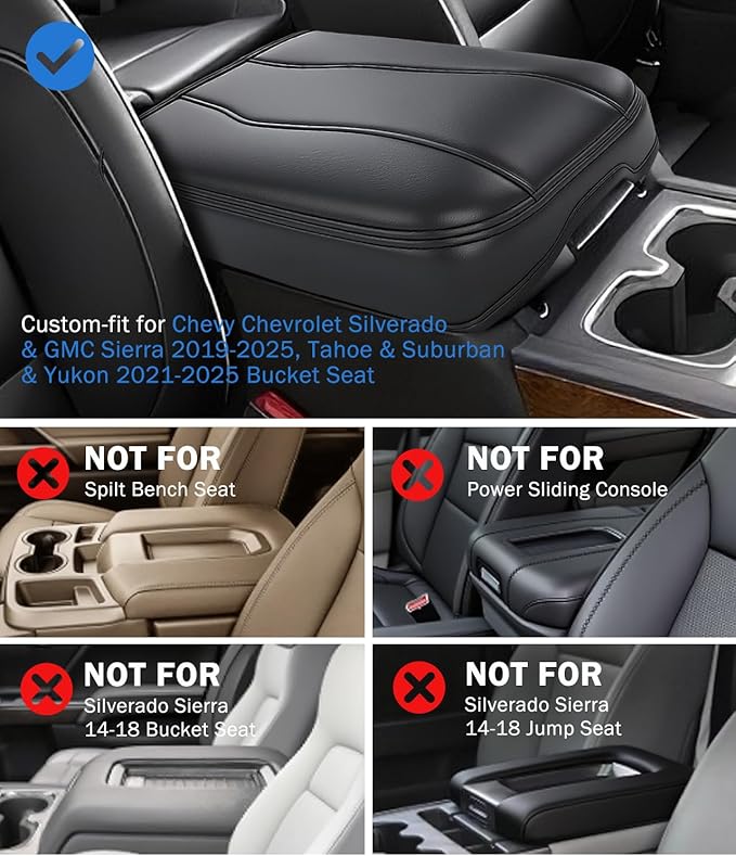 Center Console Cover for Chevy Silverado & GMC Sierra 2019-2025, Tahoe & Suburban & Yukon 2021-2025 Accessories, Leather Middle Armrest Console Cover Elbow Rest Cushion Pad, Bucket Seat Console Only