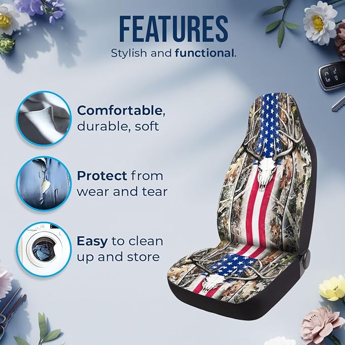 GENANY Hunting Car Seat Covers Set of 2, Deer Skull Breathable Front Seat Covers for Truck Sedan SUV, American Flag Car Accessories, Hunting Gift for Women Men
