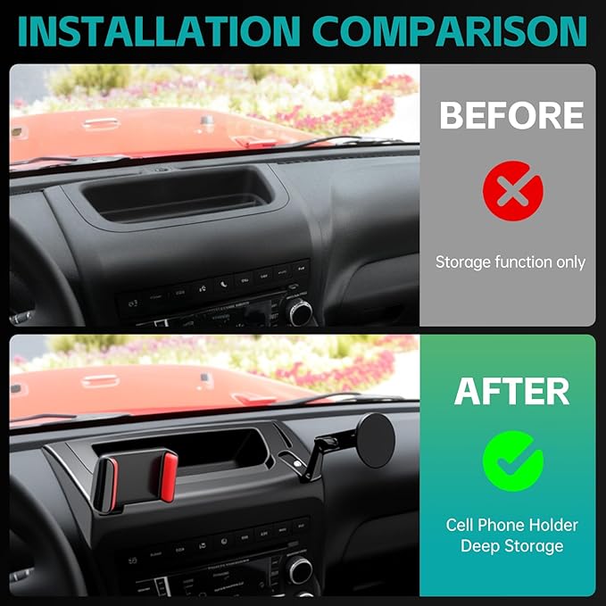 Magnetic Dash Phone Mount for 2011-2017 Jeep Wrangler JK JKU Accessories, Multi-Mount Phone Holder with Extension Arm Metal Rod, Dashboard Storage Tray with Extra Clip Bracket (Not for JL JLU)