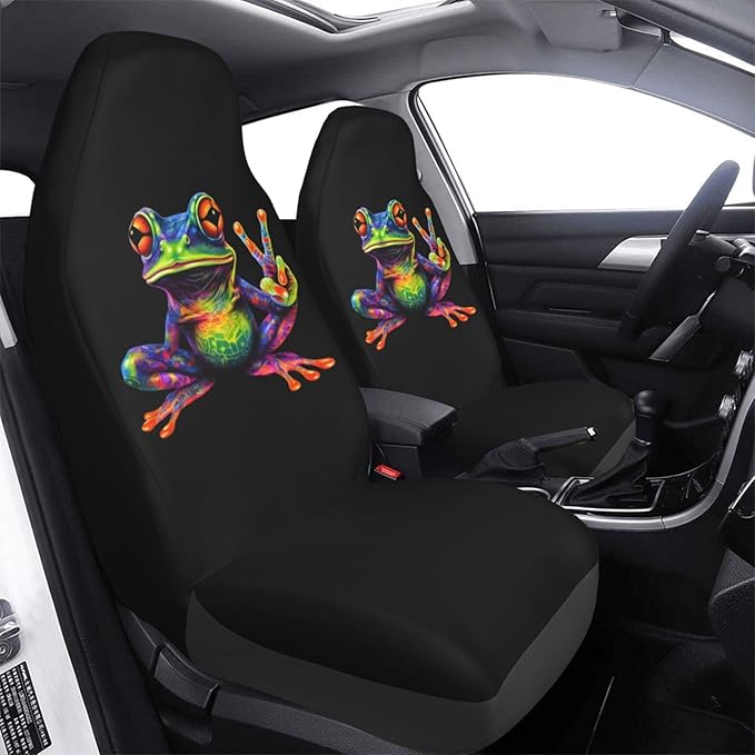 Delerain Car Seat Covers Set 2Pcs, Colorful Peace Frog Universal Front Car Seats Vehicle Enterior Protector Suitable Fits Most Car Auto SUV Sedan Truck