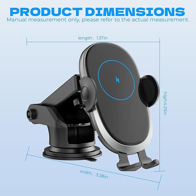 Wireless Car Charger Phone Holder Mount 15W Fast Charging, Auto Clamping with Smart Sensor, Dashboard & Windshield Car Phone Holder for iPhone for Google Samsung Android