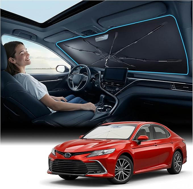 Windshield Sun Shade Umbrella for Toyota Corolla & Camry - [Vinyl Coating Heat Shield] Protect Car from Sun Rays & Heat Damage Keep Cool and Protect Interior, Spring Structure Edge