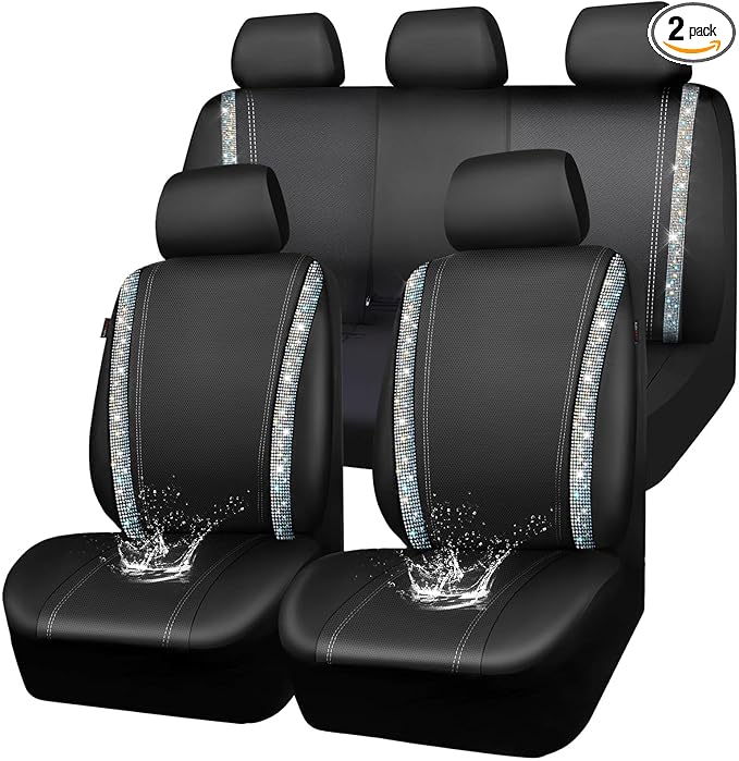 CAR PASS Bling Diamond Car Seat Cover Full Set, Shining Rhinestone Waterproof Leather, Rear with Zipper, Universal Fit 95% Automotive Glitter Sparkle Crystal for Cute Women Girl, Colorful Diamond