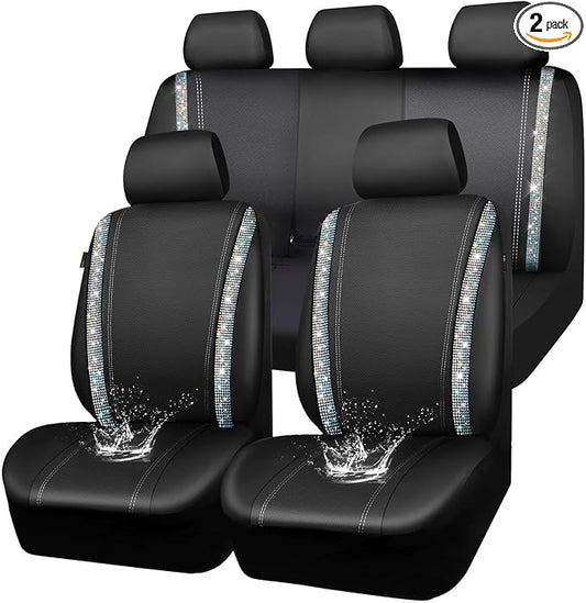 CAR PASS Bling Diamond Car Seat Cover Full Set, Shining Rhinestone Waterproof Leather, Rear with Zipper, Universal Fit 95% Automotive Glitter Sparkle Crystal for Cute Women Girl, Colorful Diamond