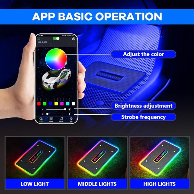 Car LED Lights for Floor Mats, Interior Car LED Strip Lights with App Control, Luminous Ambient Neon Lighting Kits, Universal Automotive Floor Mats (Plaid - USB, 4)