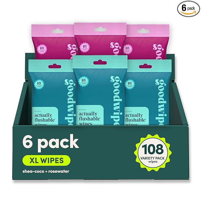 goodwipes Flushable Wipes Travel Size - Extra Large Adult Wet Wipe - On-the-Go Portable Wipes - Sewer & Septic Safe - Hygiene Essentials - Shea Coco & Rosewater, 108 Count (6 Packs)