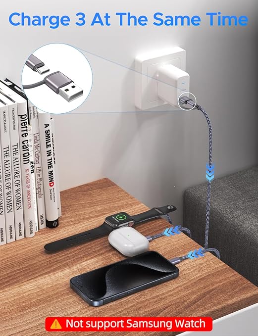 2Pack Travel Essentials,Multi Charging Cable 3 in 2 USB C for Apple Watch Charger,iPhone Charger,Cruise Vacation Camping,Portable for iWatch Series 11-2/Ultra/SE & iPhone 17-12,Sony PSP Cables
