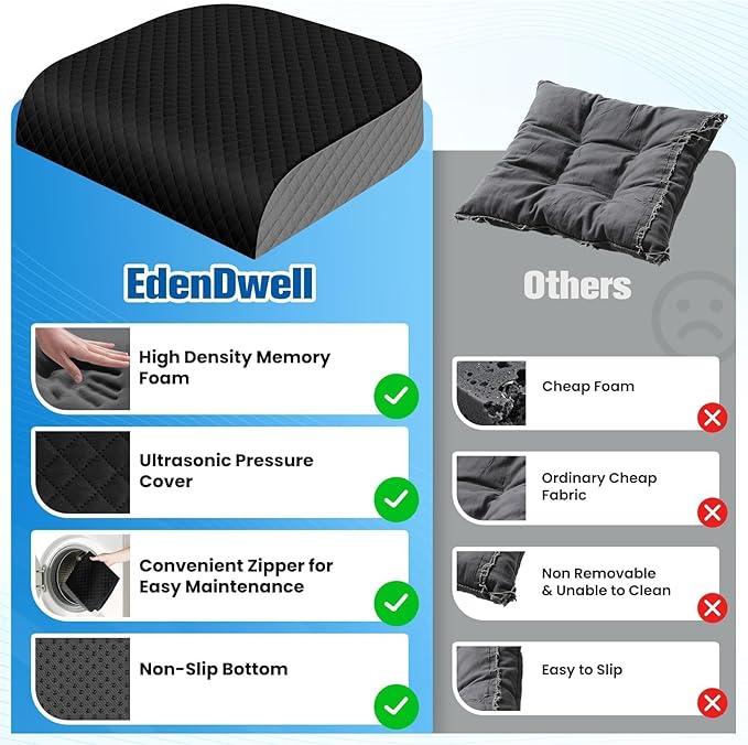 Seat Cushion for Office Chair, Memory Foam Chair Cushions, Car Seat Cushion for Long Sitting, Desk Chair Cushion for Pressure Relief, Non-Slip Bottom, Washable Cover, X-Large, Black