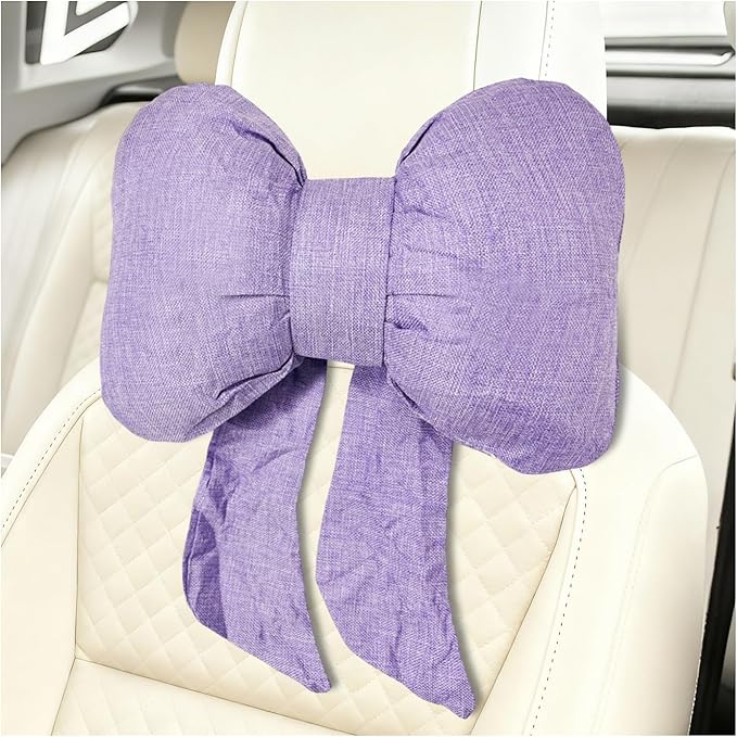 Sun Walker Bow Car Headrest Pillow, Breathable Bow-Shaped Vehicle Neck Pillow with Adjustable Strap, Ergonomic Neck Support Cushion Driving Seat Decoration for Women Girls (Purple)