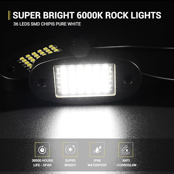 Hovano 8 Pods White Rock Lights 6000K Pure White 36 LEDs SMD Chips Super Bright Neon Underglow Light IP68 Waterproof for Pickup Trucks SUV UTV ATV RZR Car Boats (White)