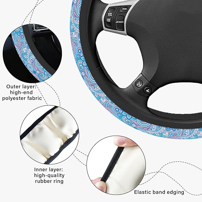 Blue Bohemian Pattern Steering Wheel Cover, Cute Print Steering Wheel Cover Protector, Ultra Thin Breathable Non-Slip, Car Accessories for Women, for Steering Wheel with a Diameter of 14.5"-15"