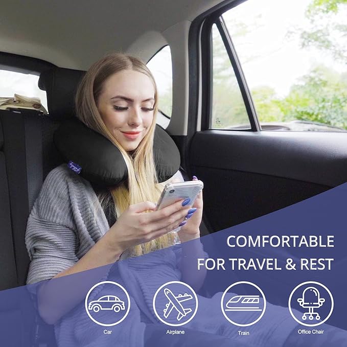 Fabuday Memory Foam Travel Pillows for Airplanes - Neck Pillow for Traveling with Attachable Snap Strap Soft Washable Cover, Flight Pillow for Sleeping, Car, Home, Office, Black