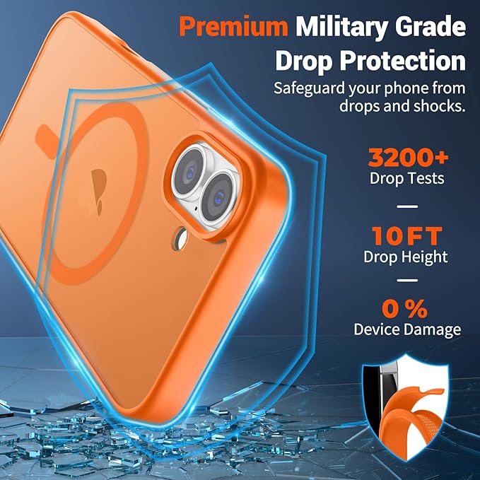 SUPFINE Magnetic for iPhone 16 Plus Case with Screen Protector (Compatible with MagSafe) (Military Grade Drop Protection) Translucent Matte Shockproof Phone Cover,Starry Orange